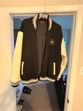 Black and Cream Varsity Bomber Jacket by Pleasures